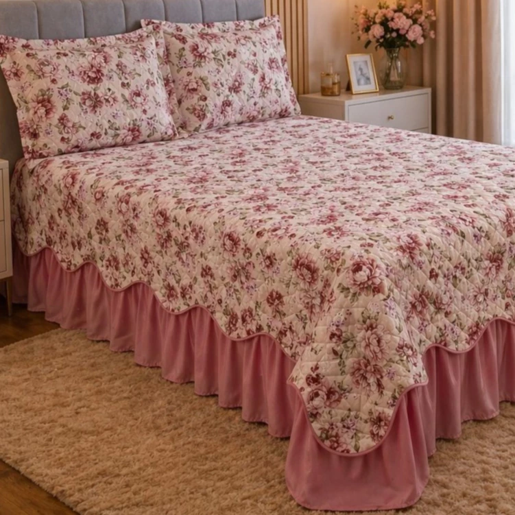 Kit Cobre Leito Colcha Belize Solteiro Queen Luxo Premium - Com Babado Exclusivo Ondulado Exclusiva