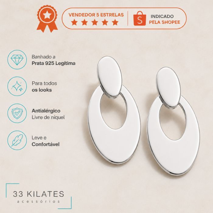 Brinco Feminino Oval Vazado Prata 925 Legítima Banhado Sofisticado Tendência Luxo Antialérgico