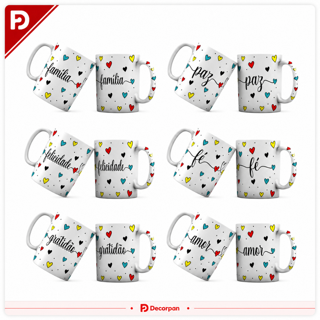 Kit 6 Canecas de Porcelana 300ml - Xicara com Palavras Faixa Inspiradoras Fé, Gratidão, Felicidade, Amor, Paz e Família