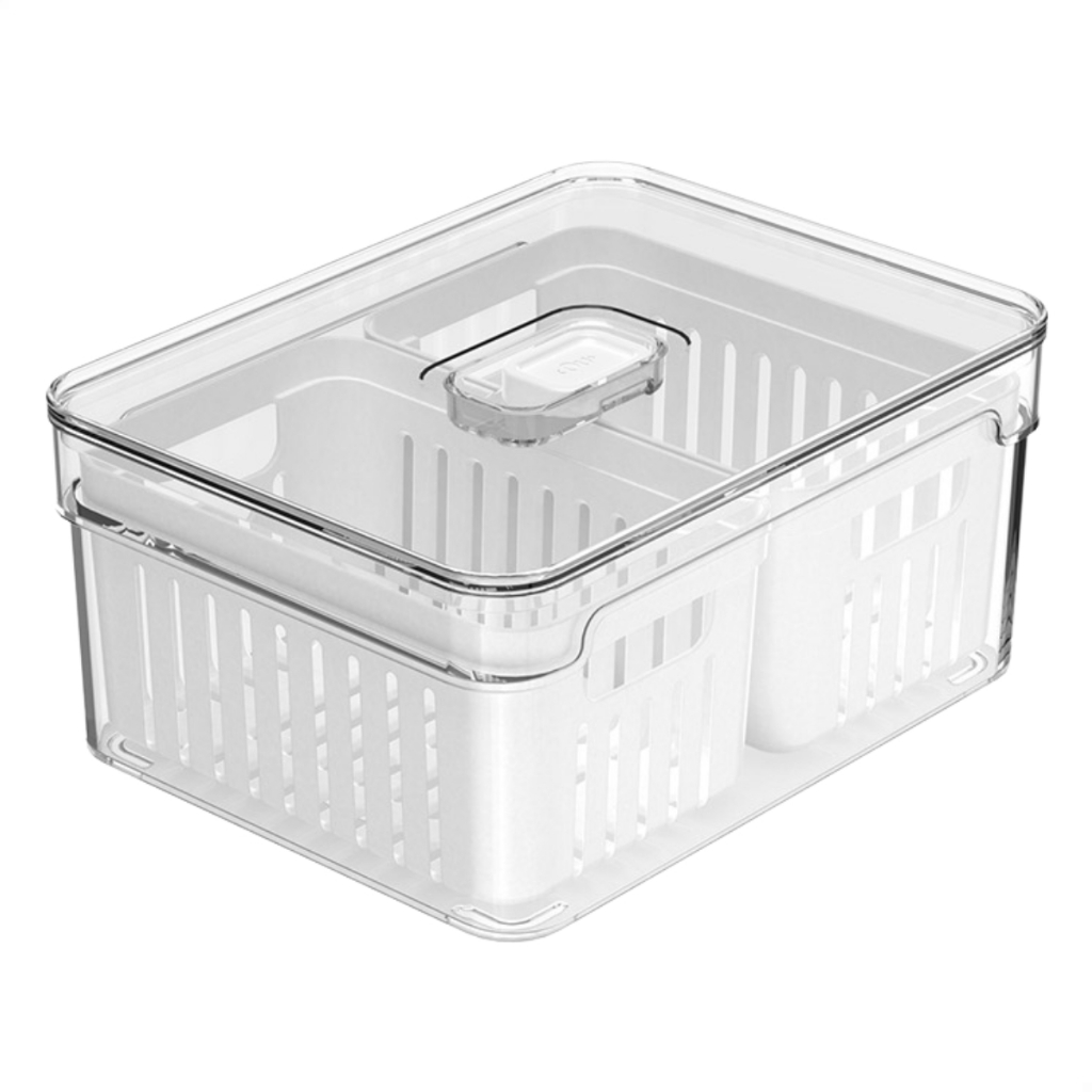 Organizador de Geladeira Cesto Com Divisorias 2,2L Tampa Escorredor Multiuso Clear Fresh Ou