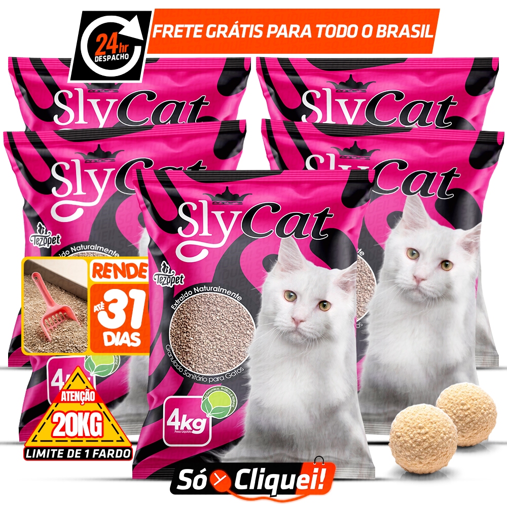 Kit 5 Pacotes Areia de Gato SlyCat 20KG Tezopet Granulado Sanitário Higiênico Forma Torrões Evita Odores