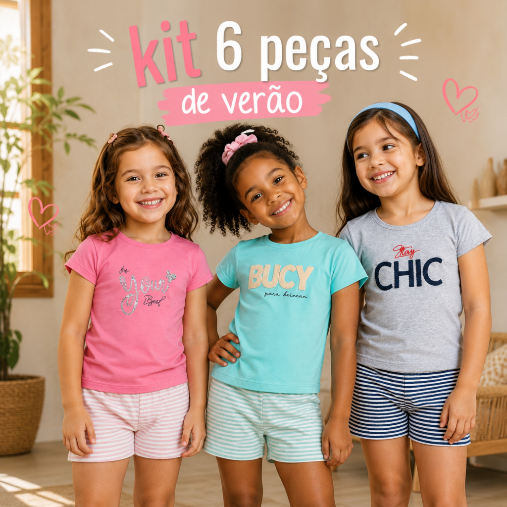 Kit 6 Peças Roupas Infantil Menina Sortido Verão - 3 Camisetas + 3 Shorts - Criança Feminina