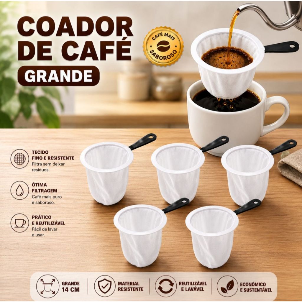 Kit com 10 Coador de Café de Pano Tamanho Grande Reutilizável e Sustentável