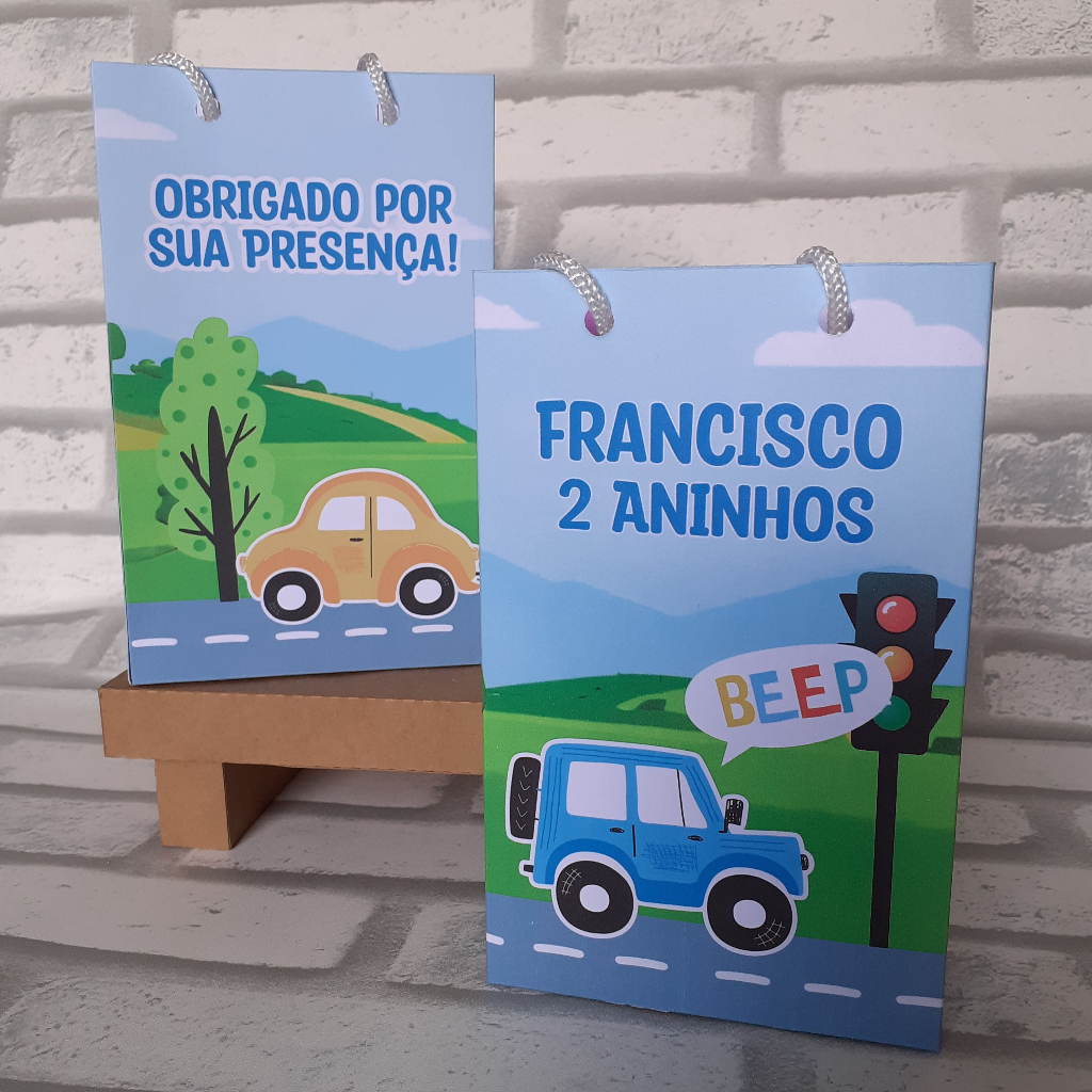 Sacolinha personalizada (PEGUE E MONTE) para lembrancinhas no tema Carrinhos