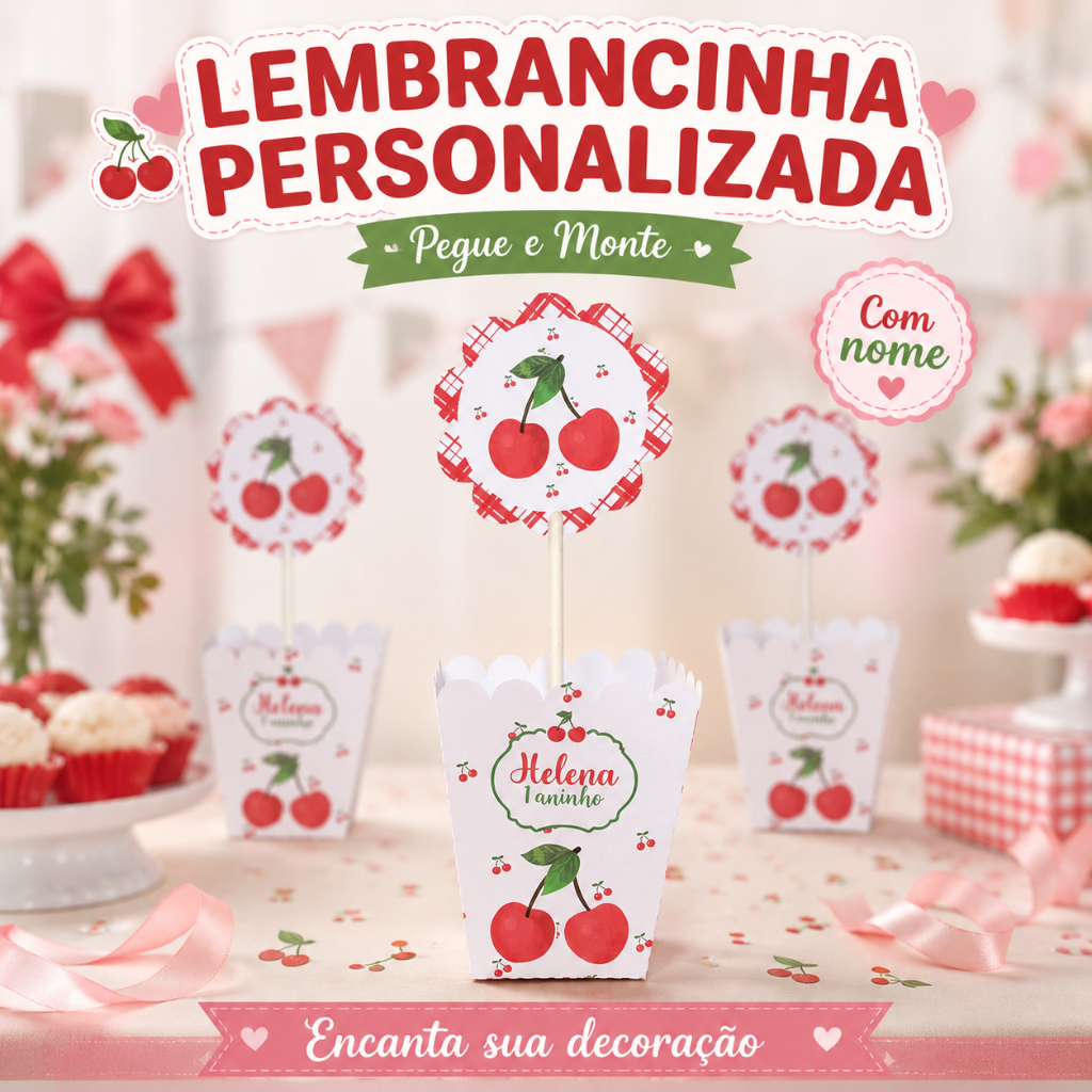 Centro de Mesa Cachepô Personalizado Cerejinha Festa Infantil, Lembrancinha Criativa, PEGUE E MONTE