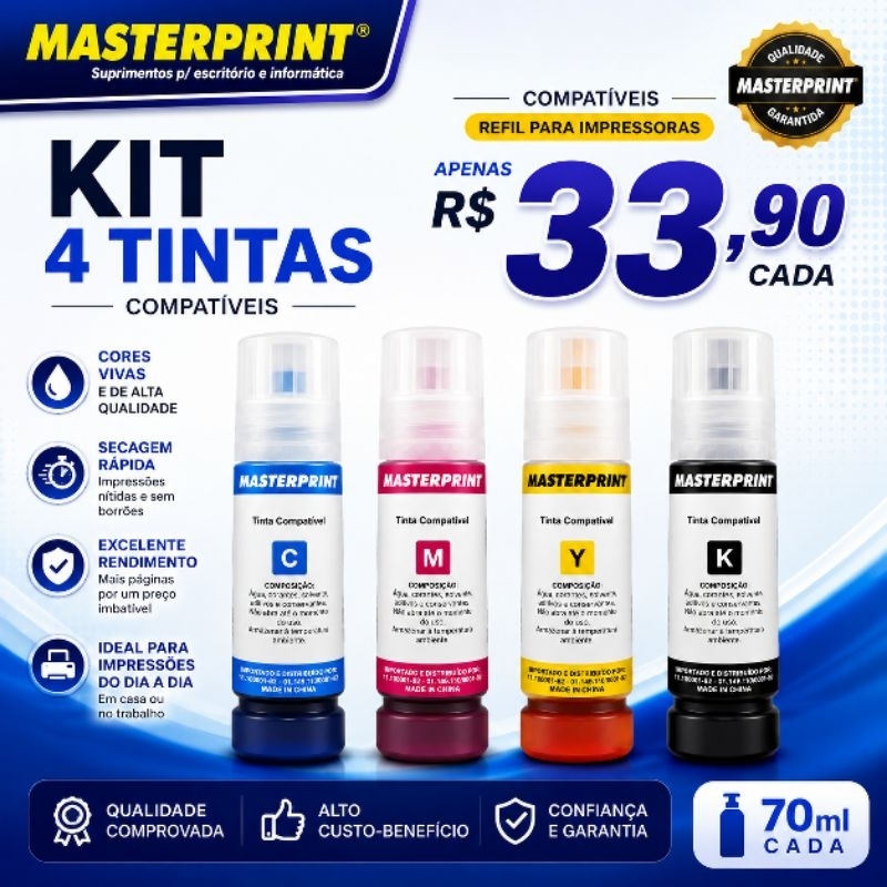 kit 4 refil de tintas masterprint compatíveis para uso em impressoras ecotank epson 504/544  L1250 L3250 L3150 L3210.