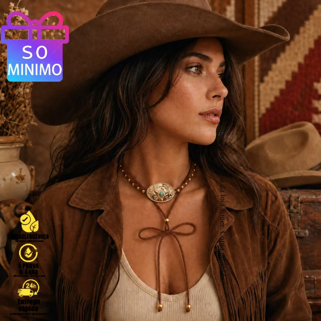 Colar Gargantilha Dupla Feminina com Decoração Concho Turquesa Vintage