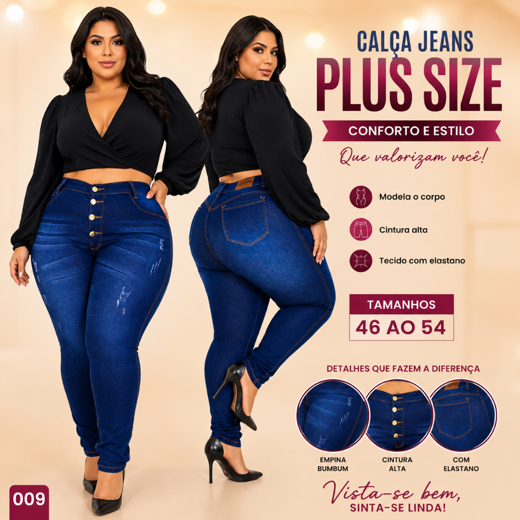 Calça Plus Size Feminina Skinny Azul Veste do 46 ao 54 Caimento Impecável Curve Cintura Alta