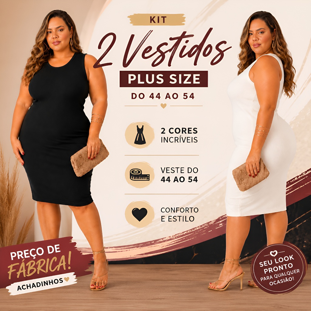 Kit 2 Vestidos Plus Size Canelado Tubinho Regata 44 ao 54 Moda Feminina Inverno Confortável