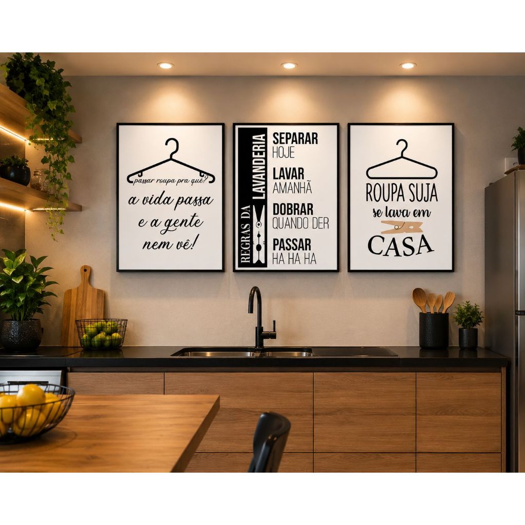 Kit 3 Quadros Lavanderia Roupas Regra da Lavanderia Área Serviço 20x30