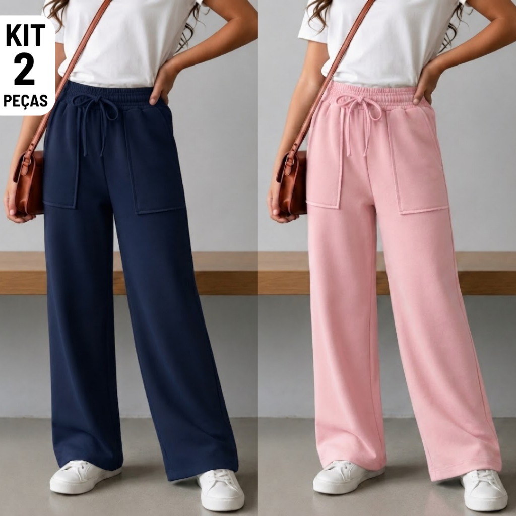 Kit 2 Calça Pantalona Juvenil Infantil Menina Wide leg Moletinho Feminina Cintura Alta