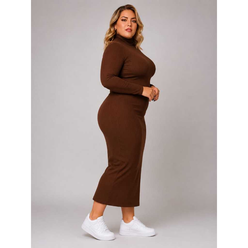 Vestido Plus Size Longo Feminino em Ribana Marrom com Gola Alta MODA EVANGELICA — imagem 2 de 2