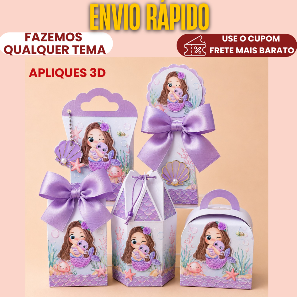 Kit Célebre Lembrancinha SEREIA BABY Personalizadas caixinhas para aniversário com apliques 3D│Pegue e Monte