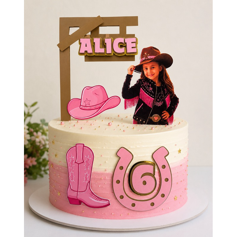 Topo de bolo cowgirl, topo boiadeira, topper country, topo fazenda feminino, topo sertanejo, topo personalizado com foto