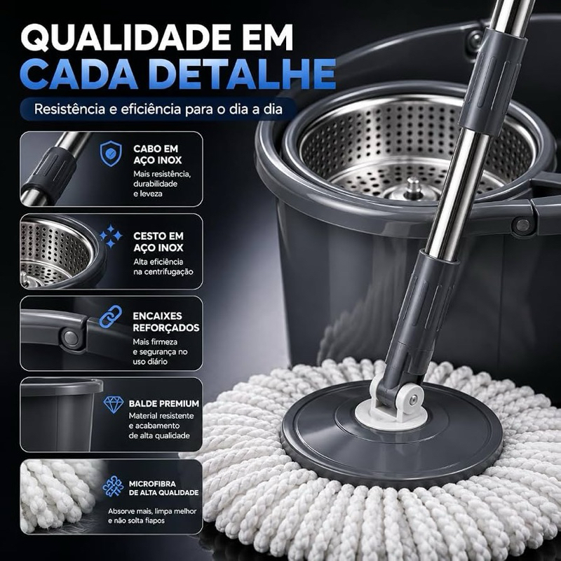 Mop Giratório Cesto Inox Cabo  Regulável 9 Litros Resistente