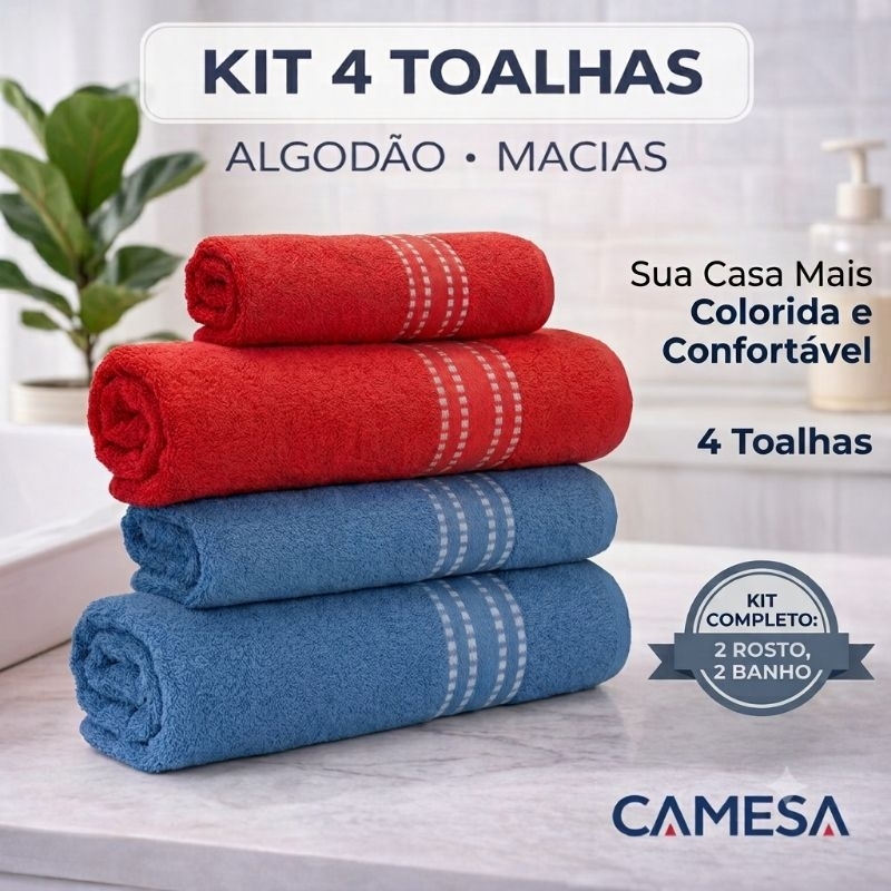 Kit Jogo Toalha 4 Peças Banho + Rosto 100% Algodão Macia e Absorvente
