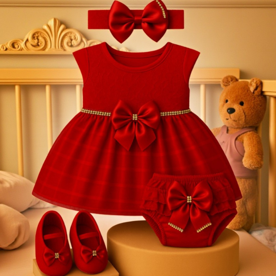 Kit Vestido Bebê Menina Renda Laço Sapato 0/8 Meses Festa Batizado Aniversário Natal Ano Princesa
