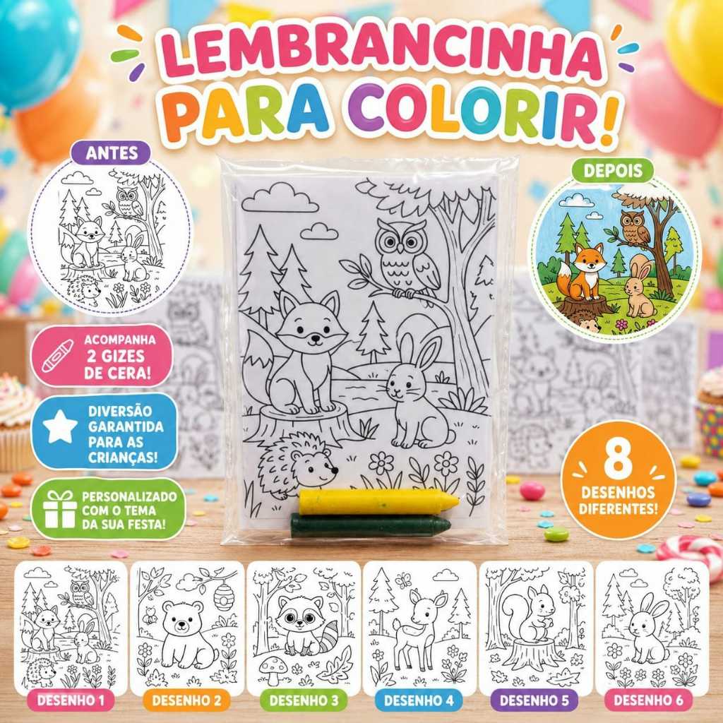 Kit Lembrancinhas de Colorir Personalizadas Bosque Encantado, Tema à Escolha – Festa Infantil, Lembrancinha Aniversário