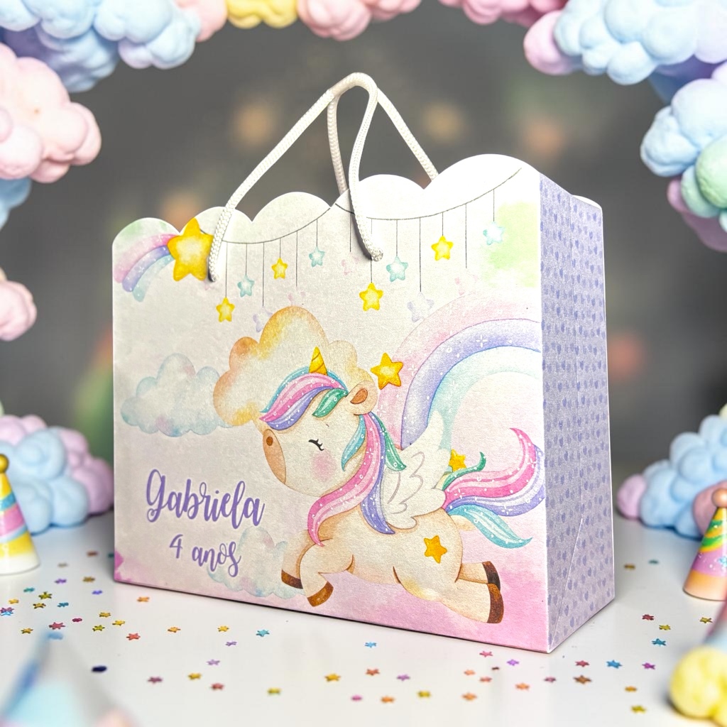 Sacolinha Surpresa Personalizada Unicórnio Baby (Pegue e Monte) Lembrancinha Festa Infantil Nome e Idade Aniversário
