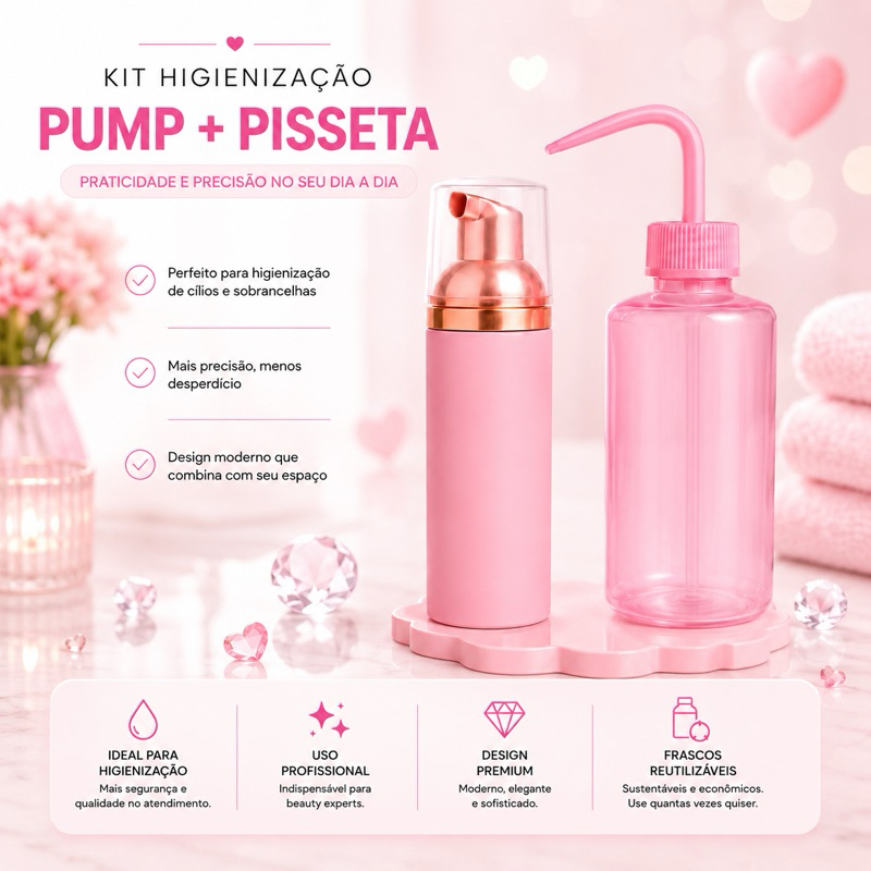 Kit Pump e Pisseta Rosa – Higienização Profissional para Extensão de Cílios e Lash Design