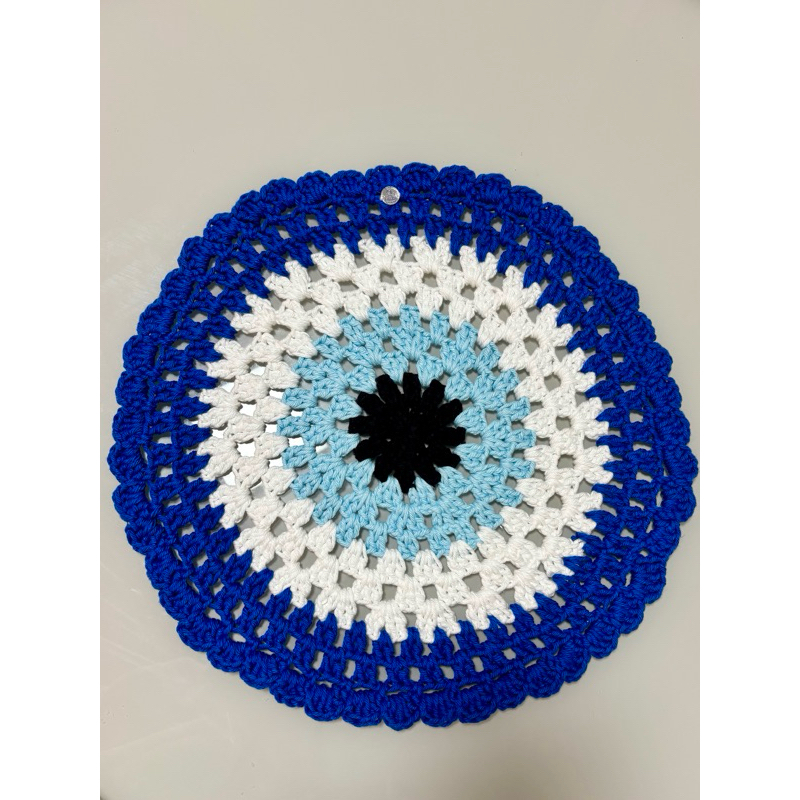 Sousplat Crochê Olho Grego 35cm Jogo Americano Redondo Azul Proteção Mesa Posta Artesanal