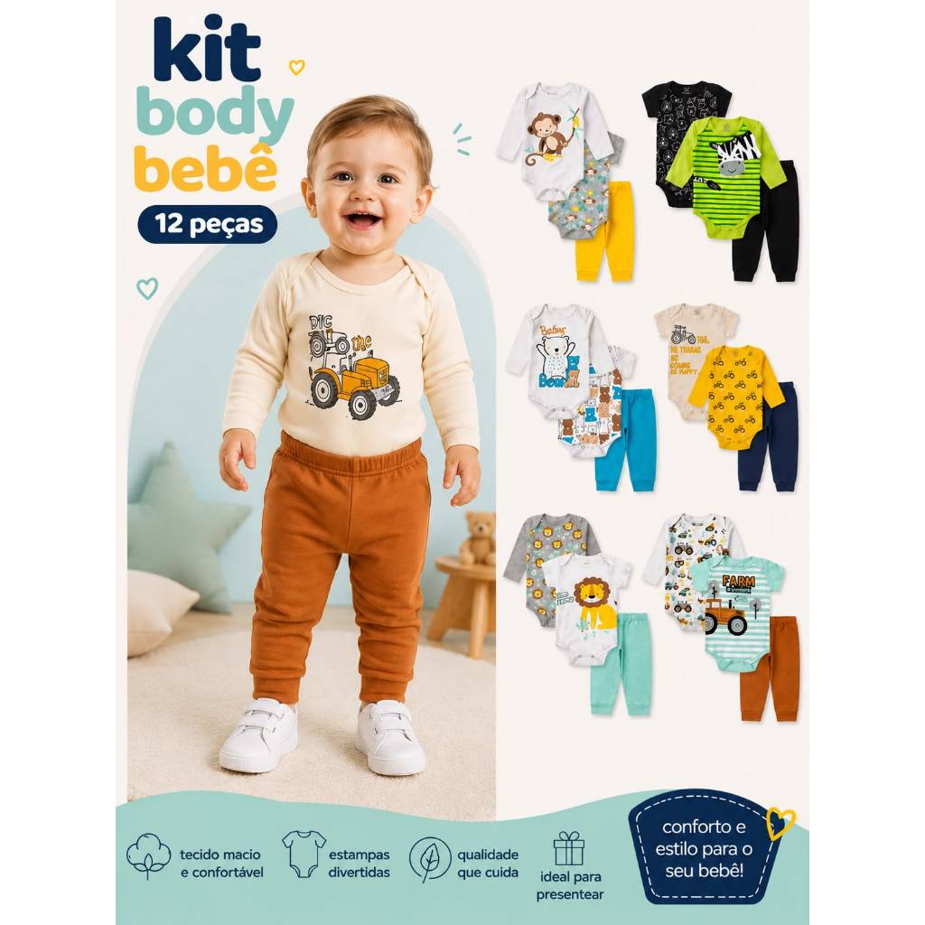 Kit Body Longo 12 Peças Menino Sortido (4 Kits De 3 Peças) inverno / verão Roupa de Menino