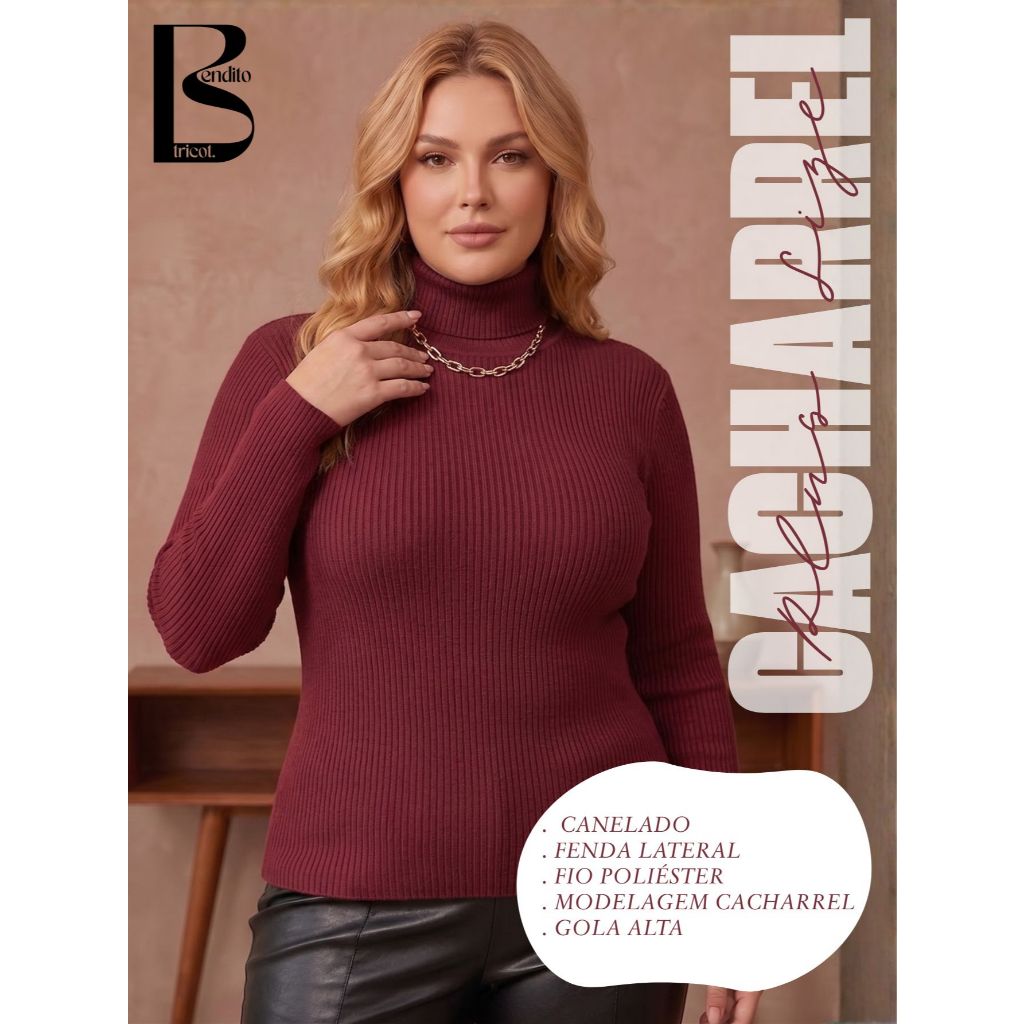 Blusa Cacharrel Plus Size Feminina Tricô Canelado Gola Alta Básica Moda Tricot Outono Inverno