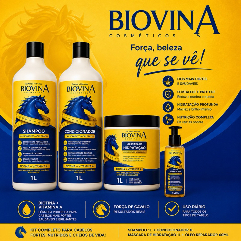 Kit Completo 4 Biovin A Cuidados Capilares 4 Produtos Shampoo 1 litro Condicionador Máscara e Óleo