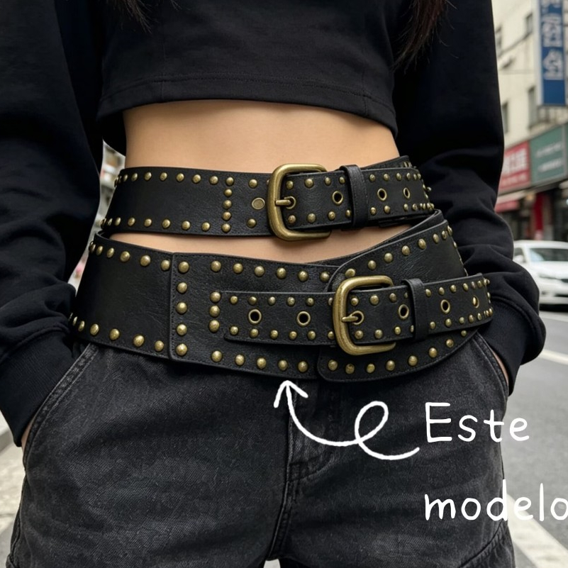 Cinto Feminino Largo Tachinhas E Fivela Metal Prata Cowboy Cowgirl Grande