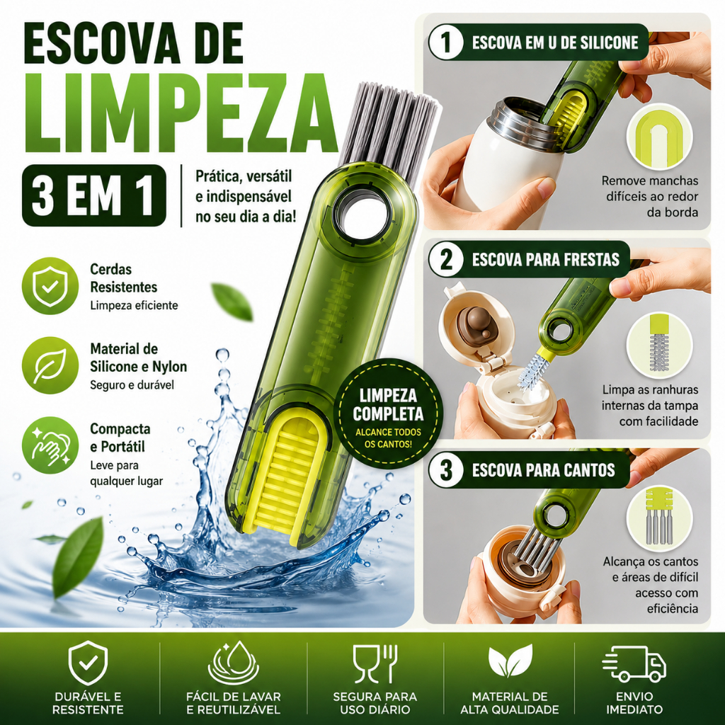 Escova de Limpeza 3 em 1 para Canudos Garrafas Squeeze Mamadeiras Copos Bicos de Silicone Envio Imediato