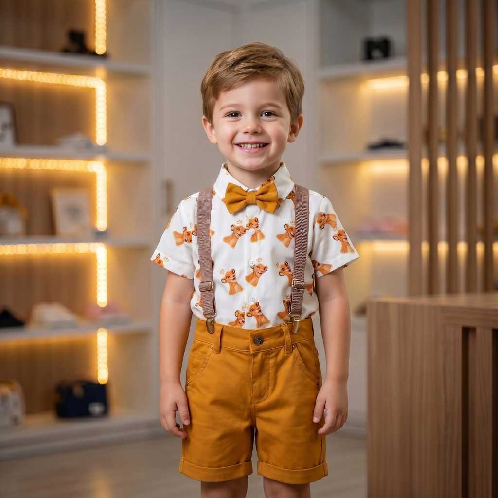 Conjunto Menino Infantil Luxo Temático Rei Leão Simba +Bermuda Caramelo