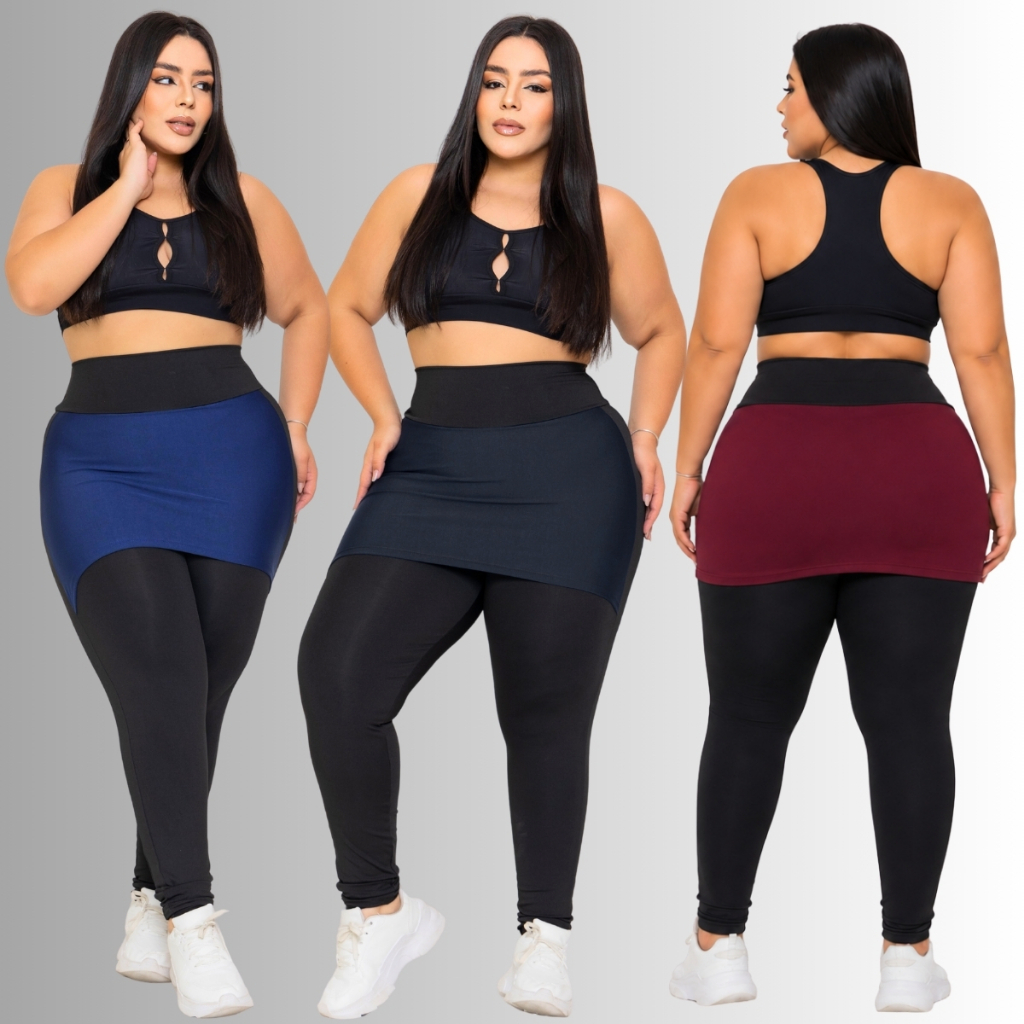 Roupa de Academia Calça Legging Feminina Suplex Fitness com Saia Tapa Bumbum Plus Size 38 ao 52
