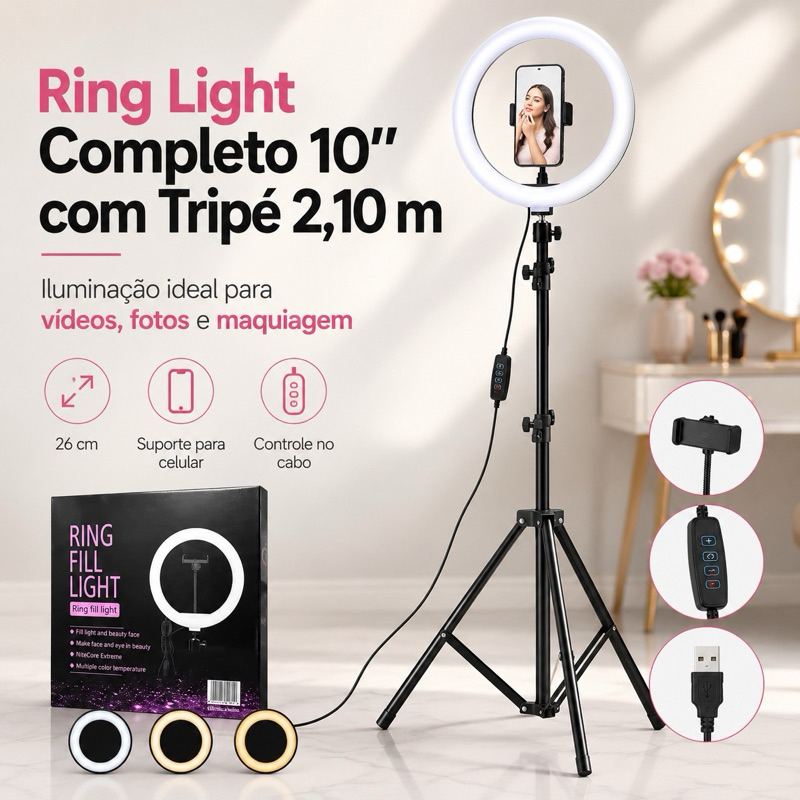 Ring Light 10” 26cm Tripé 2,10m Profissional Iluminador LED Suporte Celular