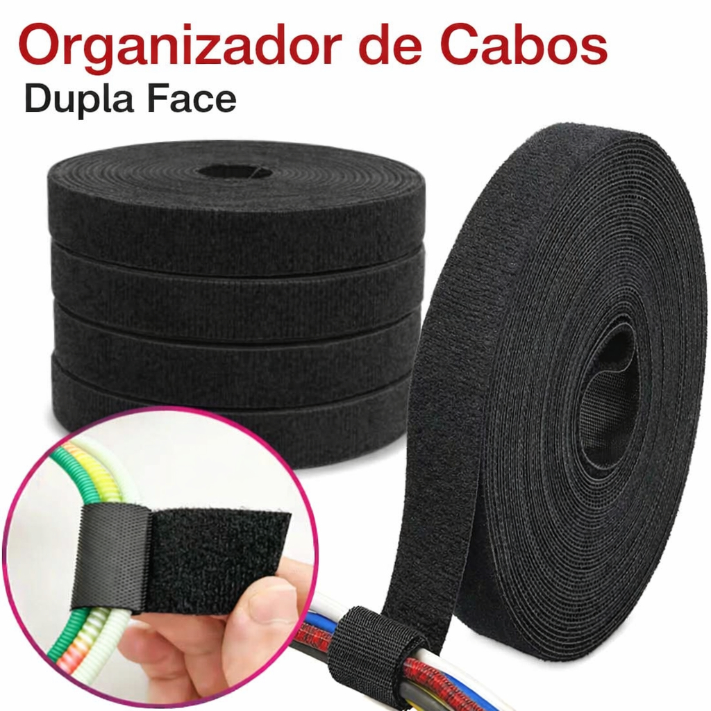 Fecho de Contato Dupla Face Preto 20mm Macho e Femea Juntos Organizador de Cabos