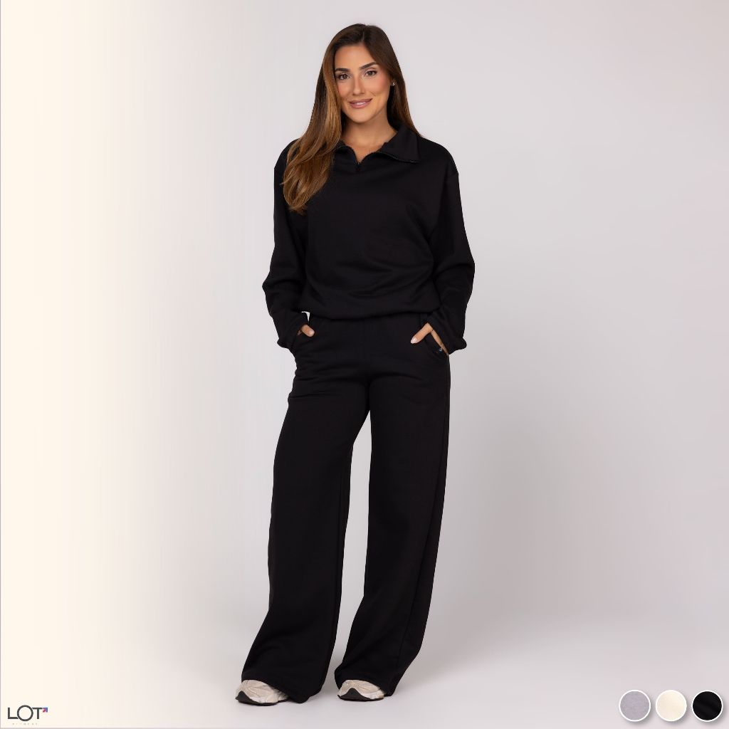 Conjunto de Moletom Inverno Casaco Fechado Zíper Curto e Calça com Bolsos Academia Frio Casual