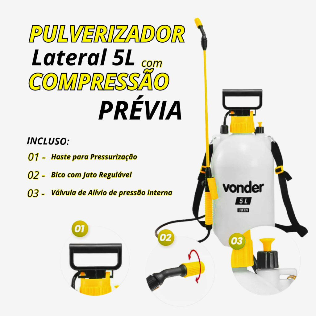 Pulverizador Manual Vonder PL005 5L Compressão Prévia Lateral Jardinagem e Limpeza