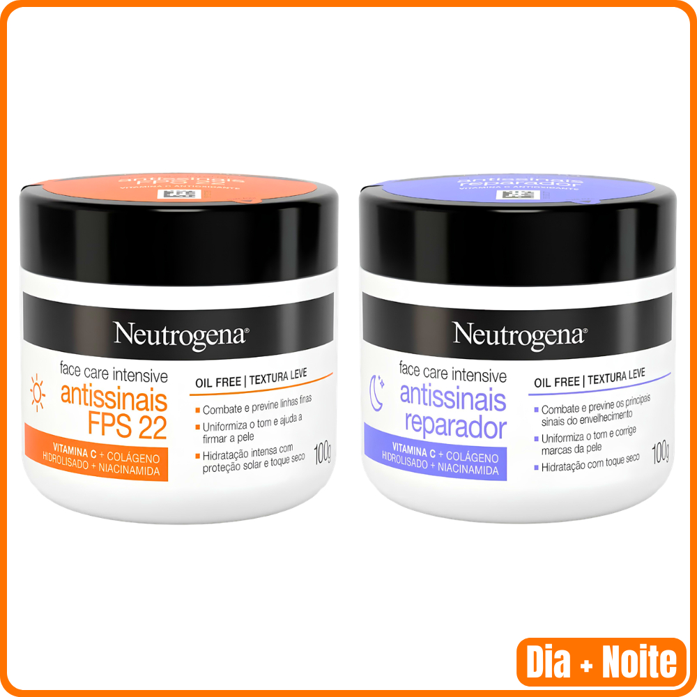 Kit com Creme Facial Antissinais Neutrogena Face Care Dia FPS22 Niacinamida com 100g + Noite Reparador com 100g