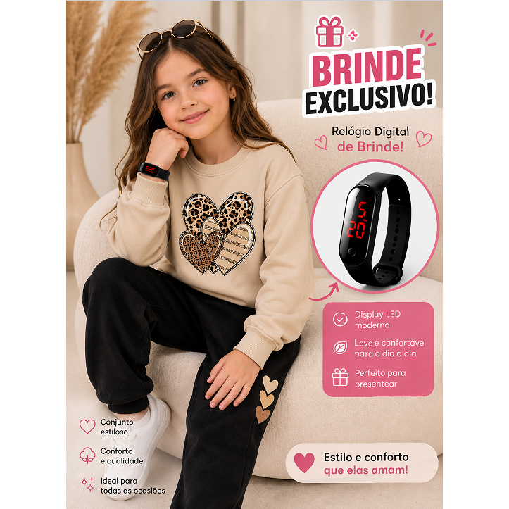 Conjunto Moletom Infantil Feminino Blusa e Calça Inverno Peluciado Confortável Menina Casual + Relógio Digital Brinde