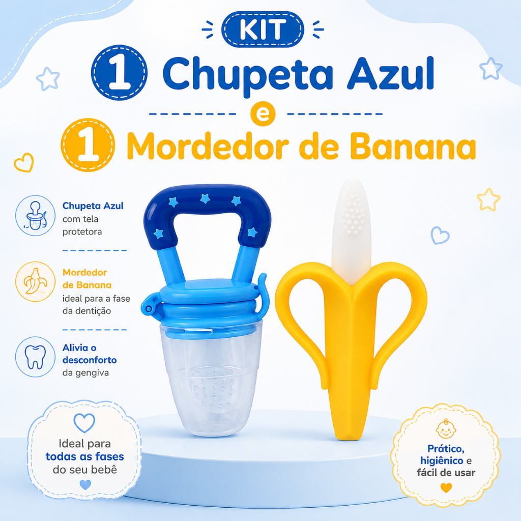Kit Chupeta Alimentadora + Bananinha Mordedora Bebê Infantil Frutas Tampa Higiênica Bico Mamadeira