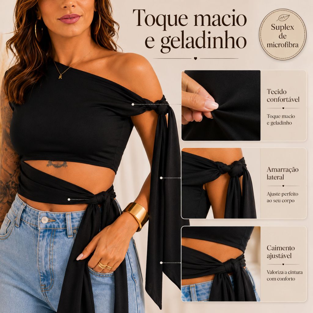 Blusa Cropped Feminina Top Amarração Moderna Estilosa Tendência Moda Casual Dia a Dia Wide