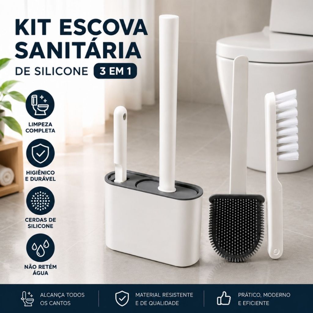 Kit Escova Sanitária 3 em 1 Silicone Com Suporte Escova De Limpeza Para Banheiro Escova De Cerdas