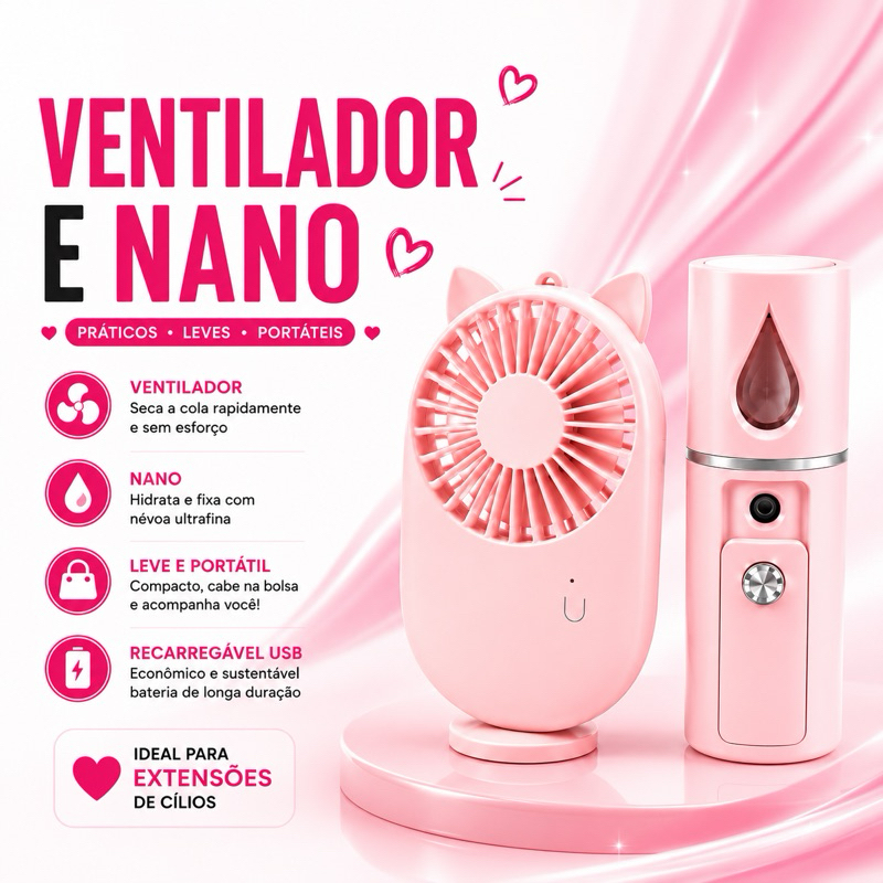 Kit Secagem de Cílios com Nano Mister e Mini Ventilador USB para Extensão e Alongamento de Cílios