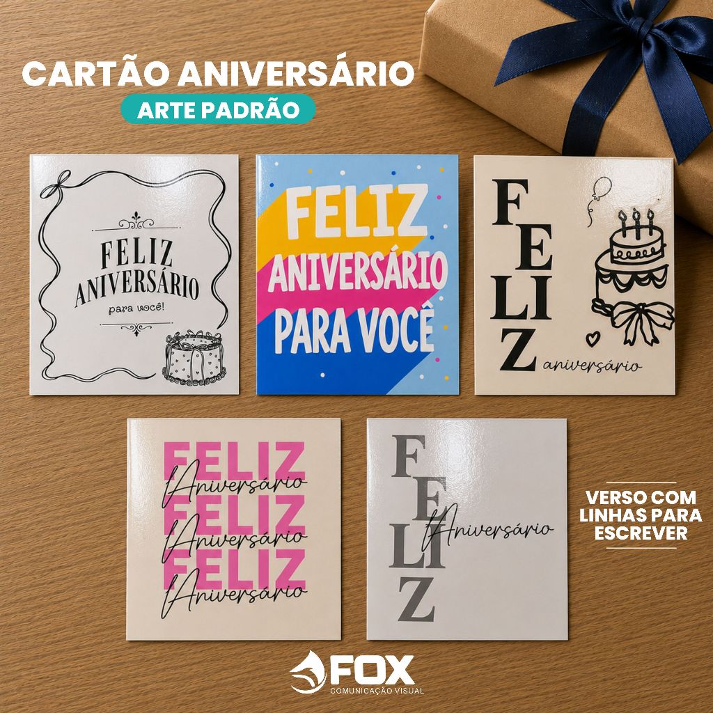 Cartão Feliz aniversário - 9x10cm - Frente e verso - Papel 300g