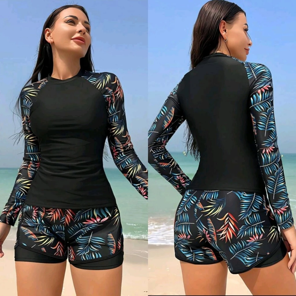 Conjunto De Maiô Praia Feminino Proteção UV Fato De Rashguard Mangas Longas Para 2 Peças Surfe — imagem 1