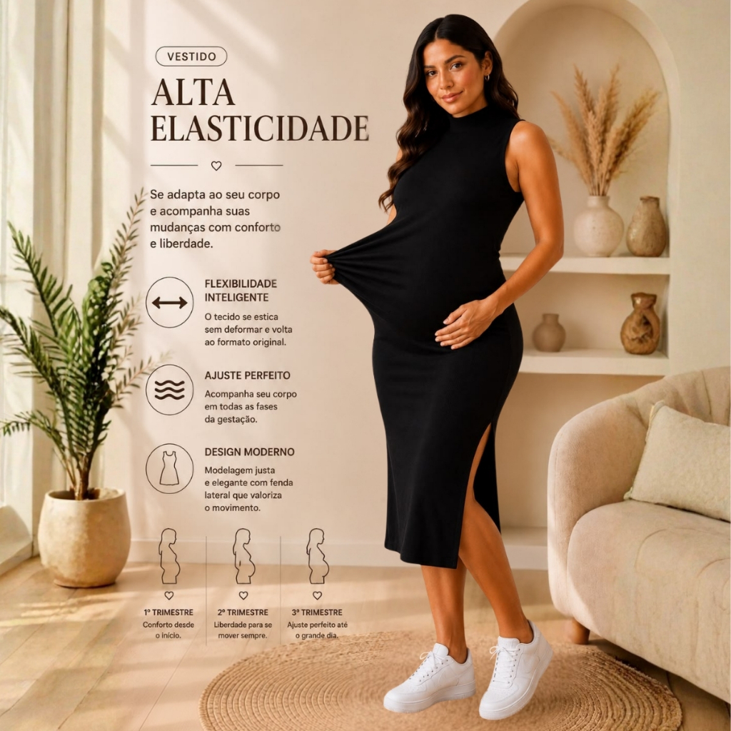 vestido feminino gravida gestante longo com fenda lateral sem manga gola alta casual basico social de festa tendencia — imagem 2 de 2