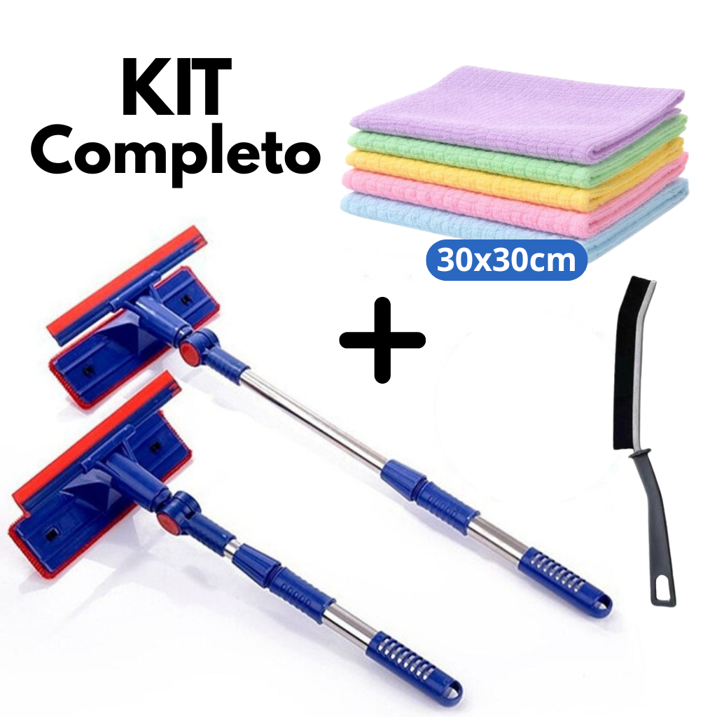 KIT Rodo Limpa Vidro e Janela Extensível 2 em 1 + 1 Escova De Limpeza + 5 Pano De Limpeza Microfibra