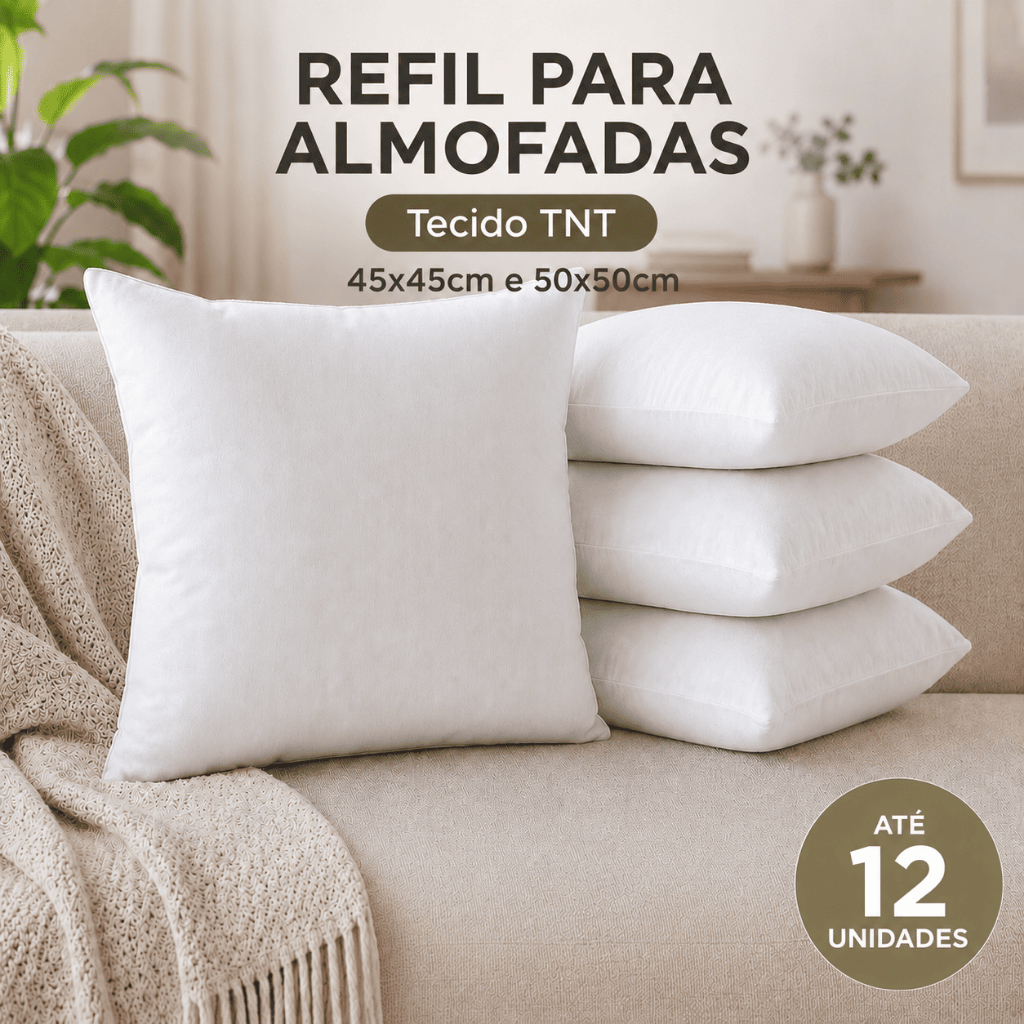 Kit Até 12 Refil Enchimento de Almofada Fibra Siliconada Antialérgico Sofá Sala Decoração 45x45cm 50x50cm