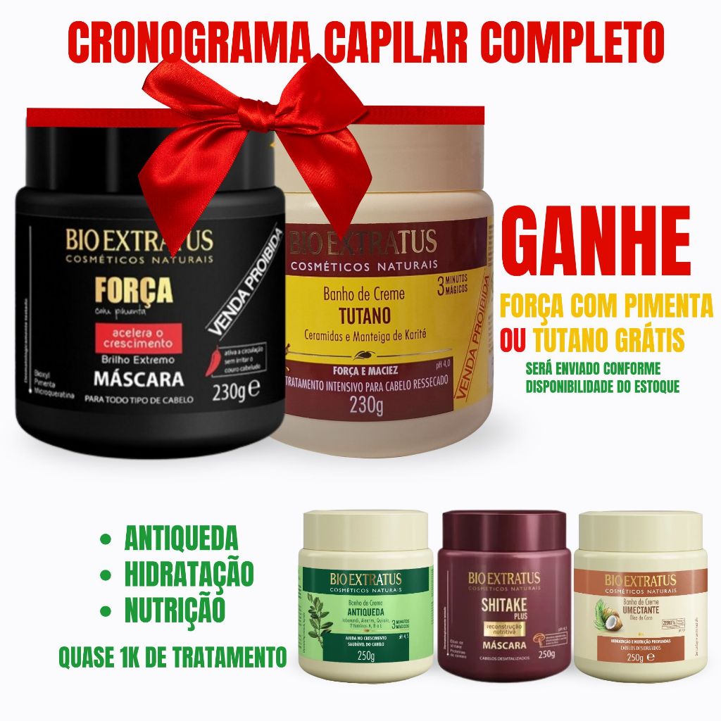 Kit Cronograma Capilar Bio Extratus 3 Máscaras 250g + Tutano 230g GRÁTIS Fortalecimento e Brilho