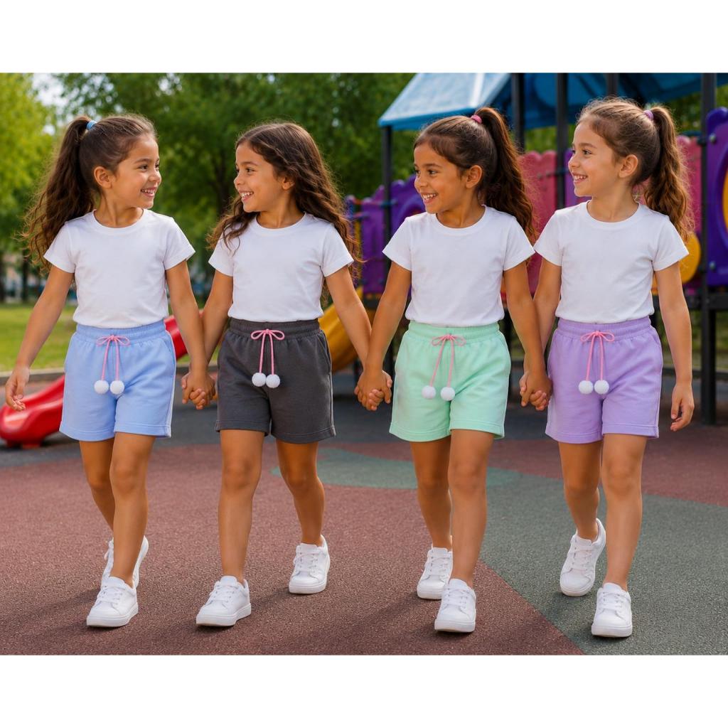 KIT 4 Short Feminino Pompom Infantil – Menina 2 a 12 Anos