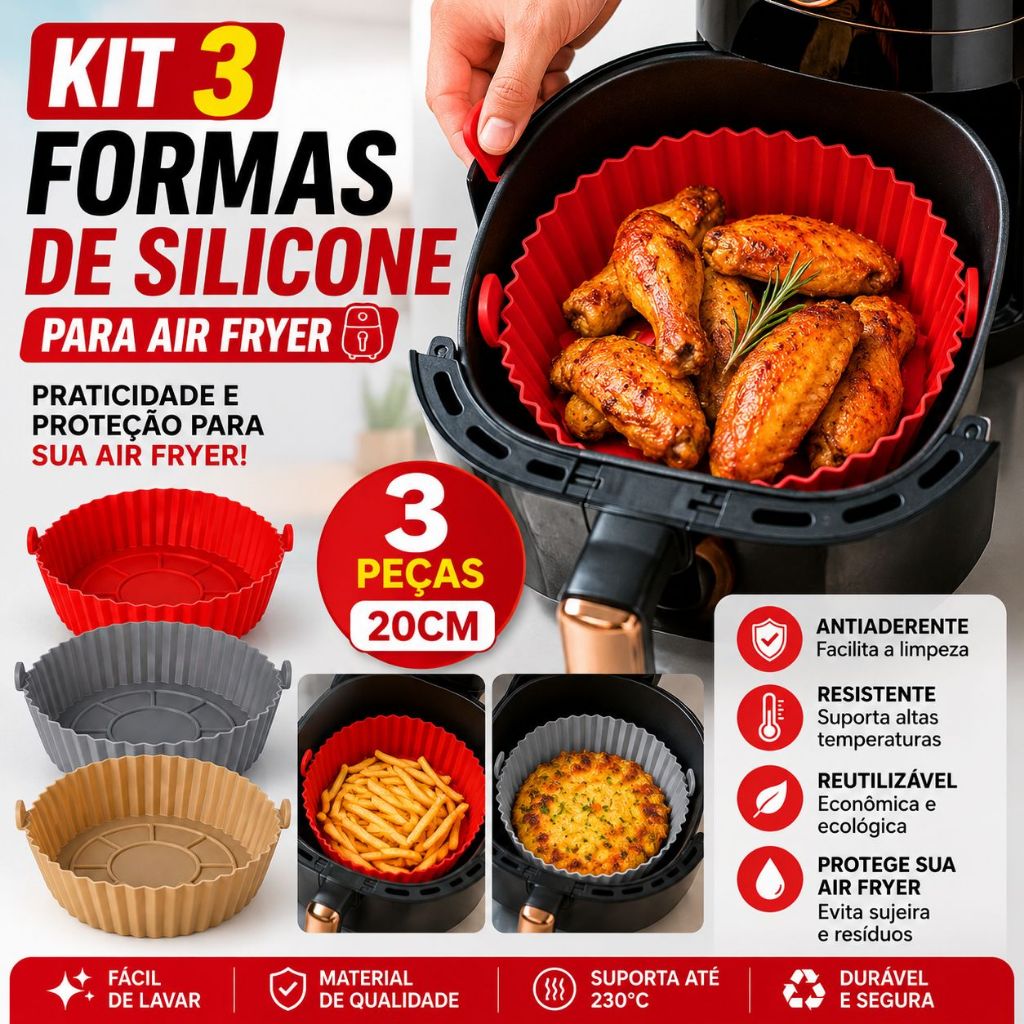 Kit Formas Silicone para Air Fryer Antiaderente Reutilizável Forno Microondas Fritadeira Assadeira
